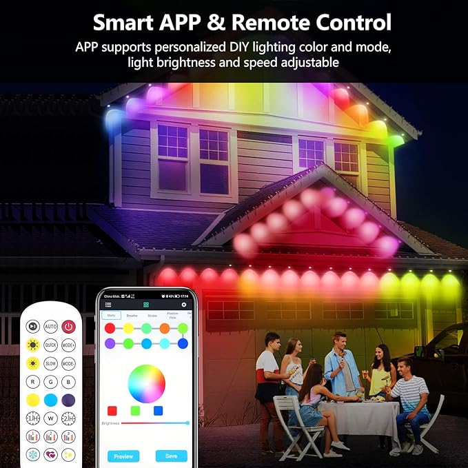 Permanent Outdoor Lights for House,50FT Eave Lamps with 30 RGB LED,IP67 Waterproof Year-Round Outdoor Decorative Lights with APP & Remote Control for Garden Party Christmas Holidays