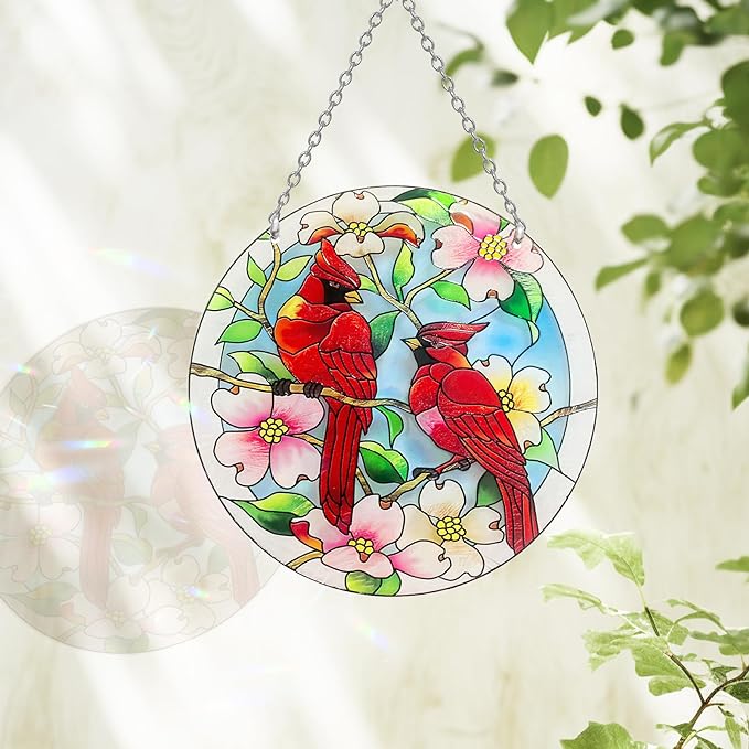 AUFURI Large Size Cardinal Suncatcher - 8.6 inch Stained Glass Window Hanging - Pairs of Red Cardinal Birds - Cardinal Gifts for Women, Hand Painted Glass Cardinal for Birds Lover, Window (8.6inch)