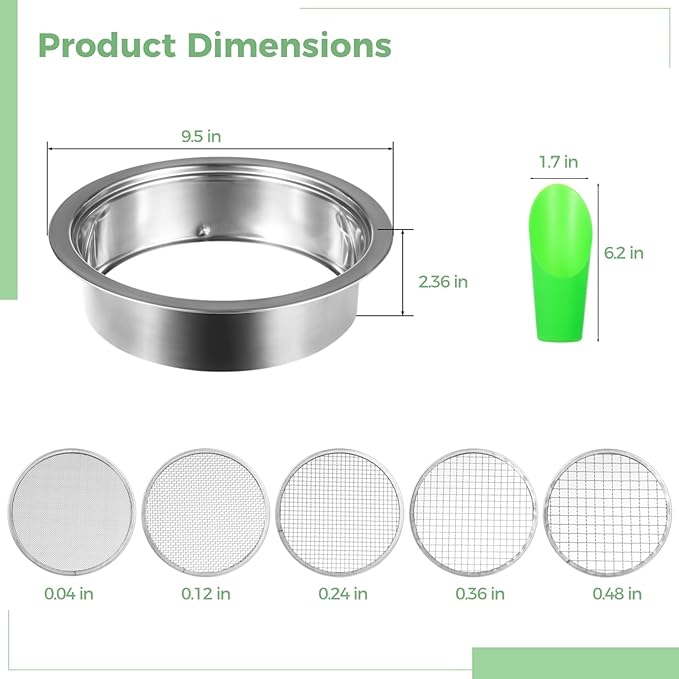 Soil Sieve Set, Garden Soil Sifter Kit, Stainless Steel Mesh Sifting Pan with 5 Sizes Sieve Meshes (0.04"-0.48") & Bonsai Soil Scoop, Garden Potting Sieve Set for Dirt, Compost