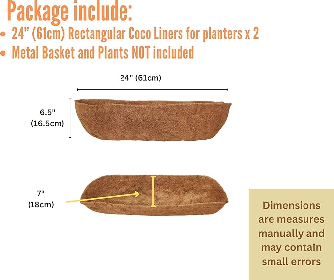 Maxona 24 inch 2 Pack Trough Rectangular Coco Liner for Window Box Planter: Thick Coconut Coir to Support The Soil Replacement for Wall Hanging Basket, Rectangle Pre-Formed Fiber Husk, Garden Fence