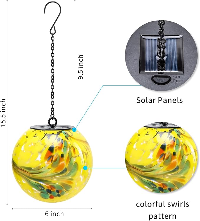 VCUTEKA Solar Hanging Lanterns Outdoor Decoration, Glass Solar Lights with Hook Up, Solar Garden Gazing Ball Light for Yard, Tree and Patio Decor, Yellow