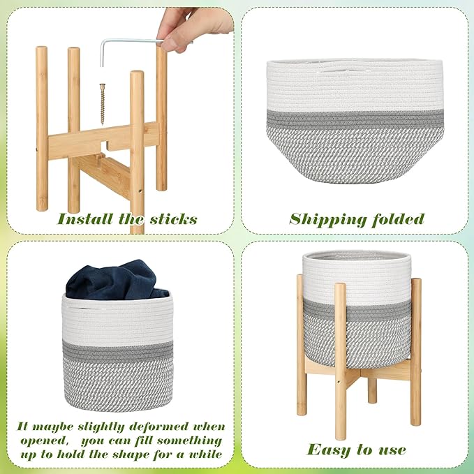 Plant Basket with Stand Indoor Planter Pot Holder Sturdy Jute Rope Modern Woven Basket, Cotton Rope Woven Pot with Bamboo Stand(10 Inch,White and Gray)