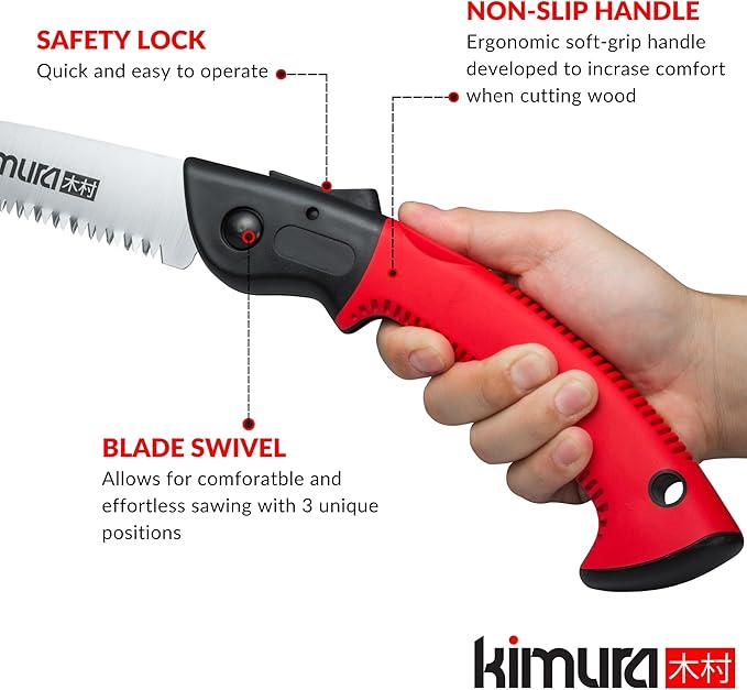 Kimura® 7" Pro Folding Pruning Saw - Heavy Duty Premium Japanese SK5 Steel Hand Saw, Ergonomic Soft Non-Slip Handle, Lightweight Foldable Saw Ideal for Branches, Trimming, Camping, PVC, Hiking, Wood