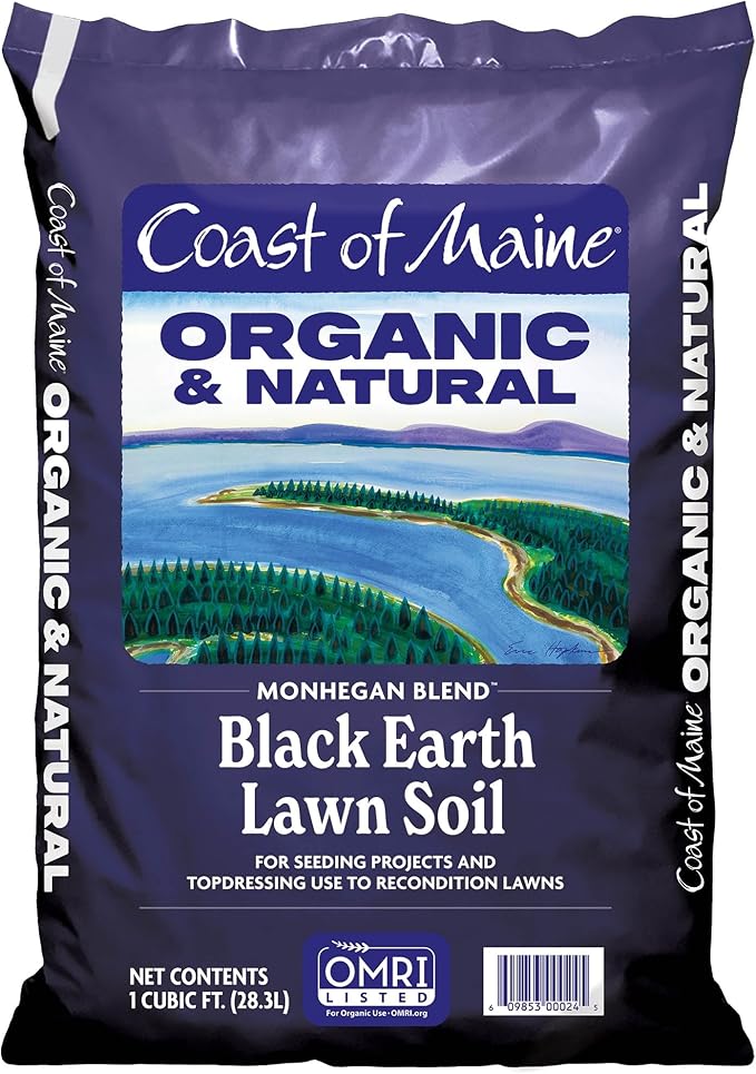 Coast of Maine Monhegan Blend (1 cu ft) Organic and Natural Black Earth Lawn Soil for Seeding Projects - Topdressing and Reconditioning Lawns