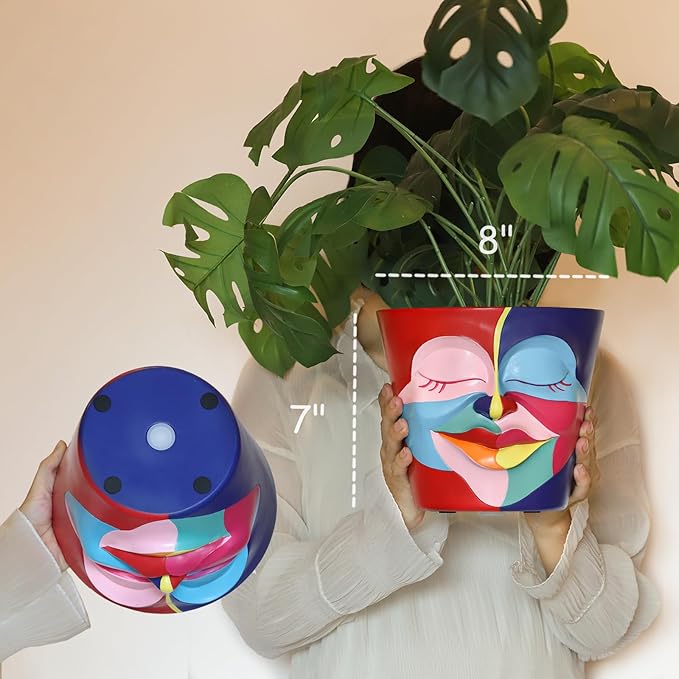 GUGUGO 8 Inch Abstract Rainbow Head Planter, Unique Face Plant Pot with Drainage, Cute Eclectic Flower Planters Pots for Indoor Outdoor Plants, Colorful Funny Room Decor Aesthetic, Coral Red & Indigo