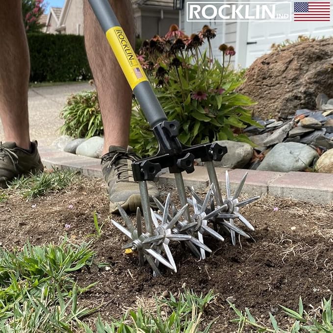 Rocklin Rotary Cultivator Tool - 60” Extra Long Handle - Reinforced Tines - Reseeding Grass or Soil Mixing - All Metal, No Plastic Structural Components - Cultivate Easily
