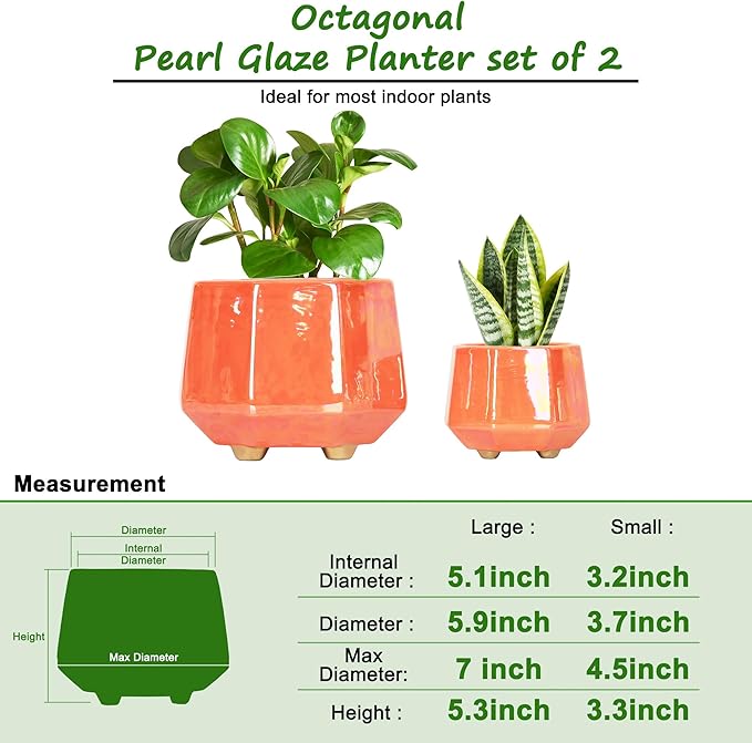 6 Inch + 4 Inch Ceramic Planter for Indoor Plants - Plant Pots with Drainage Hole - Modern Minimalist Flower Pot for Succulents and Herbs - Peach