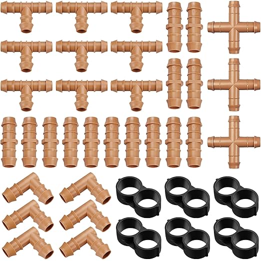 Drip Irrigation Fittings Kit for 1/2 inch Tube (0.600”ID), 38 Pieces Drip Irrigation Parts 1/2" Drip Line Connectors - 14 Couplings, 9 Tees, 6 Elbows, 6 End Caps, 3 Cross Connectors