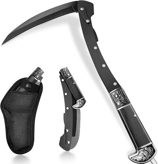 Black Sharp Folding Sickle Knife, Two Section Foldable Scythe Knife, Wooden Handle Folding Scythe Tool with Sophisticated Rose Pattern, Folding Kama Collection with Sheath