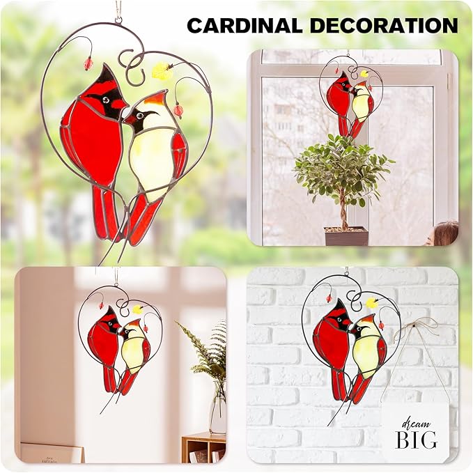 Cardinal Suncatcher Stained Glass for Window Hanging,Cardinal Gifts for Women,Red Birds Sun Catchers Christmas Decoration for Windows,Best Gift for Mom,Memorial Gifts for Birds Lover