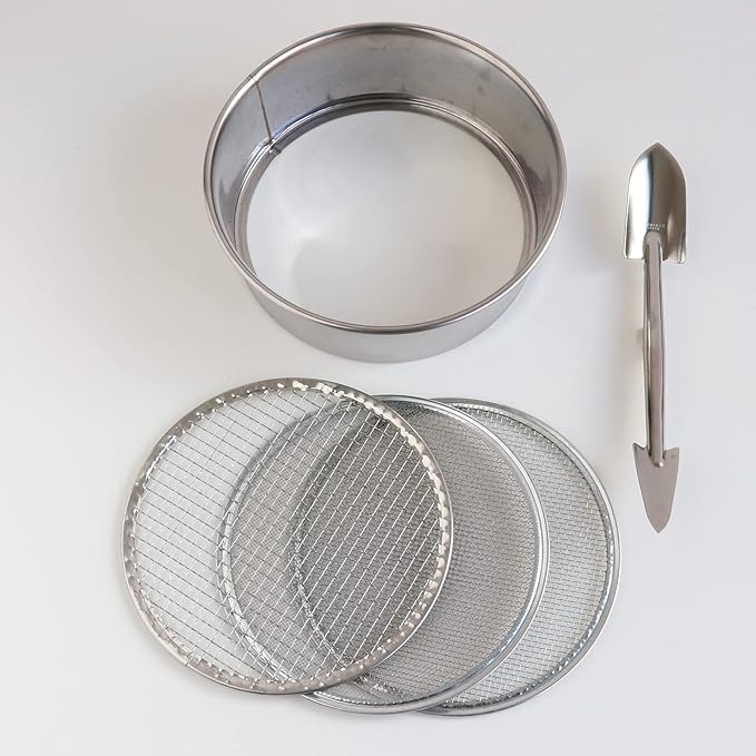Wazakura Stainless Steel Soil Potting Set with 3PCS Soil Sieve Set and Soil Scoop, 3 Interchangeable Sieve Mesh Filter Sizes, Bonsai Gardening Tool Kit - Sieve + Scoop