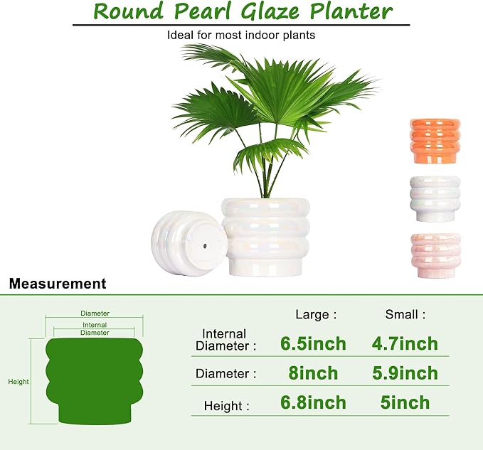 7.8 Inch + 5.7 inch 2 pcs Ceramic Plant Pots for Indoor Plants, Rainbow Pearl Glaze Planter with Planters for Plants with Drainage Hole, Orchid Pots, Succulent Pot, Flower Pot (White)