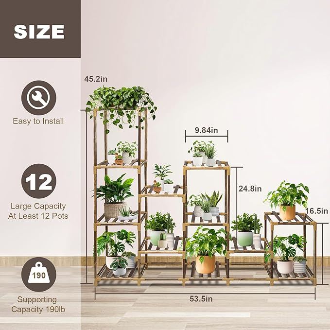 Plant Stand Indoor Outdoor, 12 Tier Plant Shelf for Multiple Plants, Large Wood Plant Shelf Combo Ideal for Gardens, Patios, and Lawns