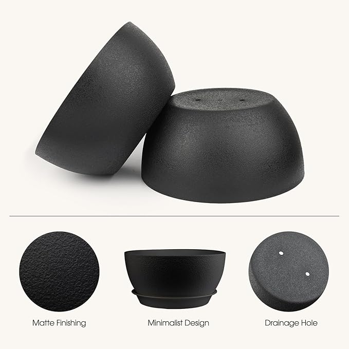 8 inch Plant Pots Pack of 2, Plastic Planter with Drainage Holes and Saucers, Plant pots for Indoor Outdoor Use, Flower Pots for All House Plants (Black)