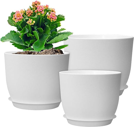 12/10/9 inch Large Plant Pots, 3 Pack Modern Decorative Plastic Planters with Drainage Holes and Saucers, Flower Pots for Indoor Outdoor Plants, White