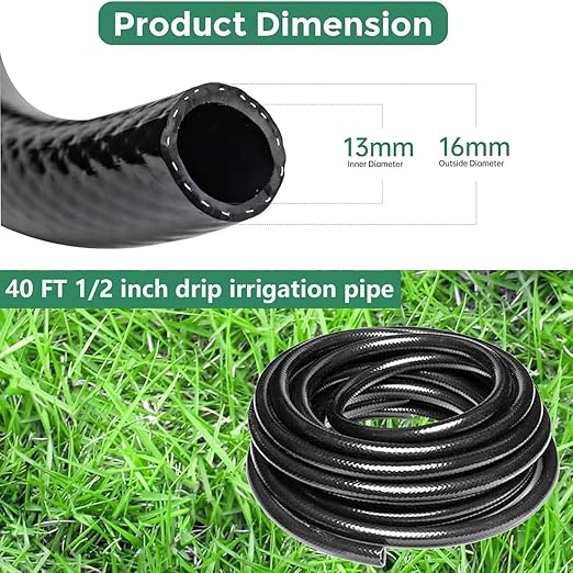 40Ft(12m) 1/2 "Drip Hose Garden Irrigation System Mainline Hose for Garden Irrigation Systems and Irrigation Components 1/2" Straight Connector-3-Way Connector-End Cap