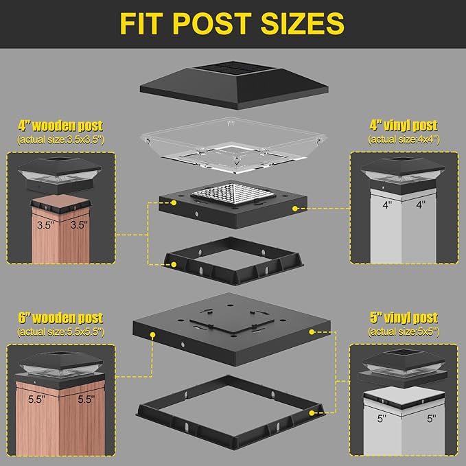 T-SUN Solar Post Cap Lights with Auto-Change Colors- for Wooden (4x4/6x6) & Vinyl (4x4/5x5) Posts | Weatherproof Outdoor Solar Fence Post Lights for Deck, Porch, Garden & Stairs(6-Pack,RGB)