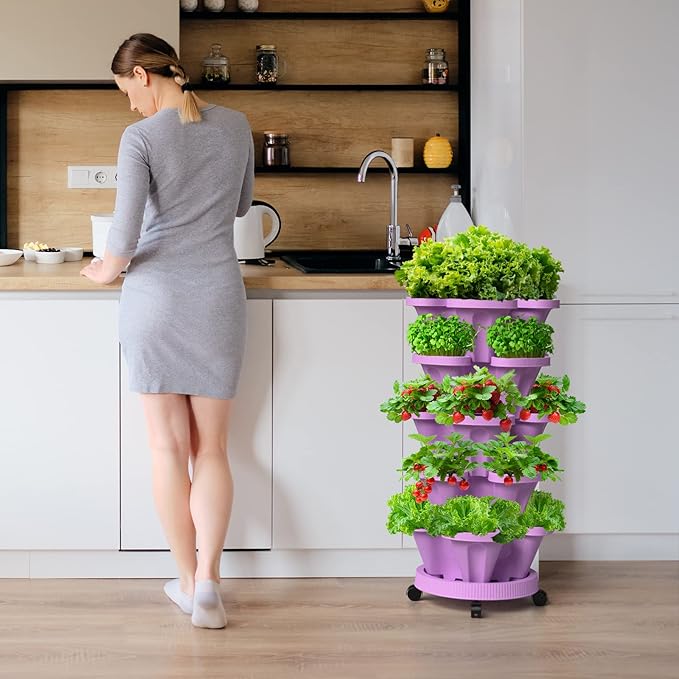 Strawberry Vertical Planter GardenTower, 5 Tiered Stackable Planter with Support Pole, Stacking Herb Vegetable Planters Indoor and Outdoor - Purple
