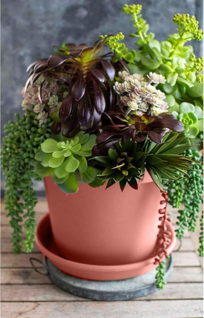 The HC Companies 14 Inch Indoor Outdoor Classic Durable Plastic Flower Pot Container Garden Planter with Rolled Rim and Drainage Holes, Terra Cotta