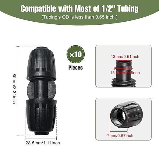 10 Pack 1/2 Inch Drip Irrigation Fittings Coupler Connectors for 1/2" Drip Irrigation Tubing (1/2" ID x 0.60"-0.65" OD), Anti-Leak 1/2'' Drip Line Barbed Straights Connectors for Most 1/2" Tubing