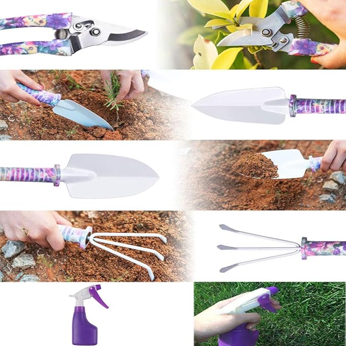 Garden Tools Set for Women, BENBO 7 Pieces Garden Hand Tools with Carrying Case, Ergonomic Non Slip Handle Pruning Shear Rake Shovels Spray Bottle and Gloves, Purple Floral Print Gardening Tools Gifts