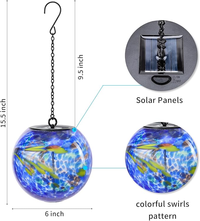 VCUTEKA Solar Hanging Lanterns Outdoor Decoration, Glass Solar Lights with Hook Up, Solar Garden Gazing Ball Light for Yard, Tree and Patio Decor, Blue