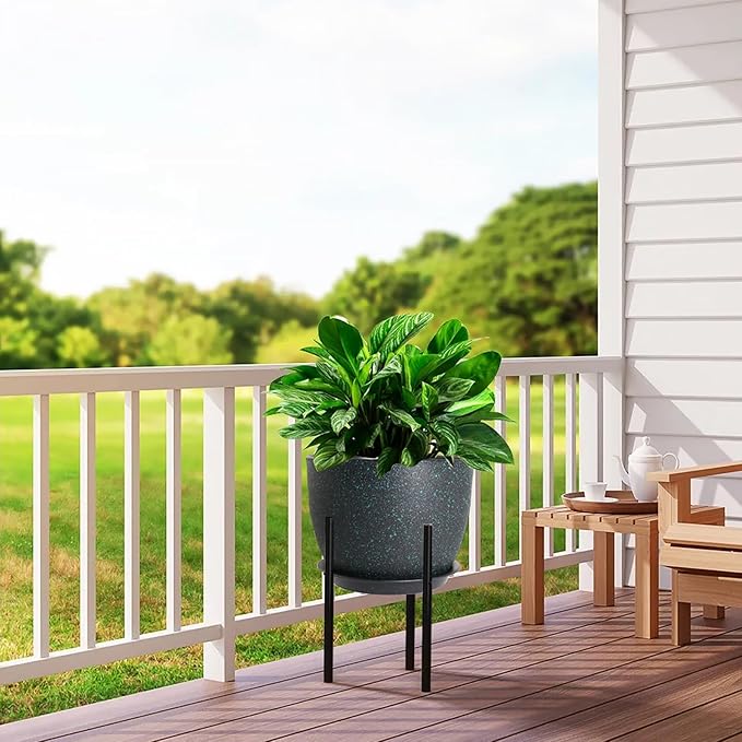 12/10/9 Large Modern Plant Pots, Plastic Planters with Drainage Holes and Saucers for Indoor Outdoor Plants Flowers, Black with Green Speckles