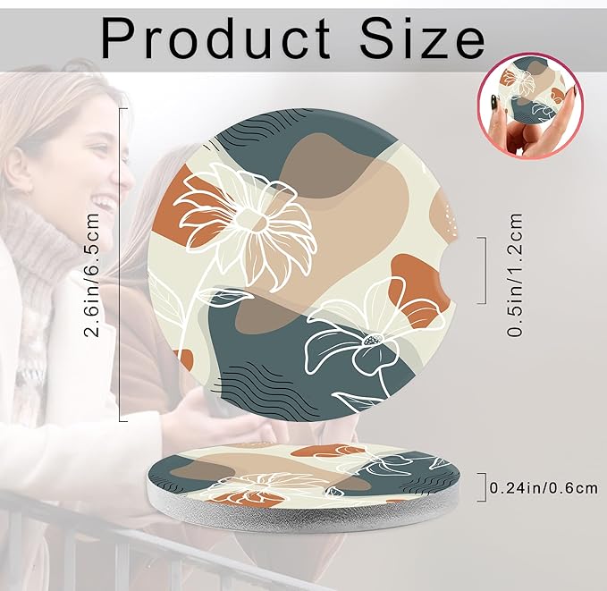 Abstract Flowers Leave Car Coasters,Ceramic Absorbent Cup Holders with Finger Notch & Cork Base Car Assecories for Women/Men 2.6"(2 Pieces)