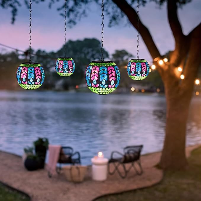 Solar Hanging Lanterns Outdoor Waterproof Glass Mosaic Gazing Ball Globe Hanging Lantern Lights for Patio Garden Yard Home Decor (Colorful)