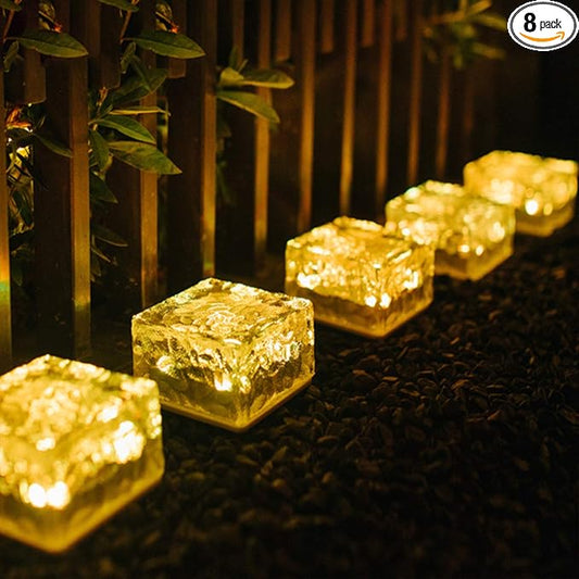 Epicgadget Solar Ice Cube Shaped Light, 2.8x2.8x2 inch Ice Cube Shaped Warm White Outdoor Solar Garden Decorative Lights for Walkway Pathway Backyard Christmas Decoration Parties (8 PCS)
