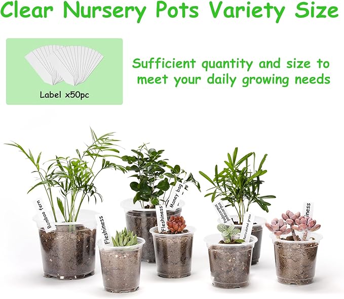 60 Pack 3.5/4/5 Inch Clear Nursery Pots with Drainage Holes, Transparent Plastic Pots for Plants, Reinforced Seed Starter Pots Garden Pots Flower Pots Come with 50pcs Plant Labels
