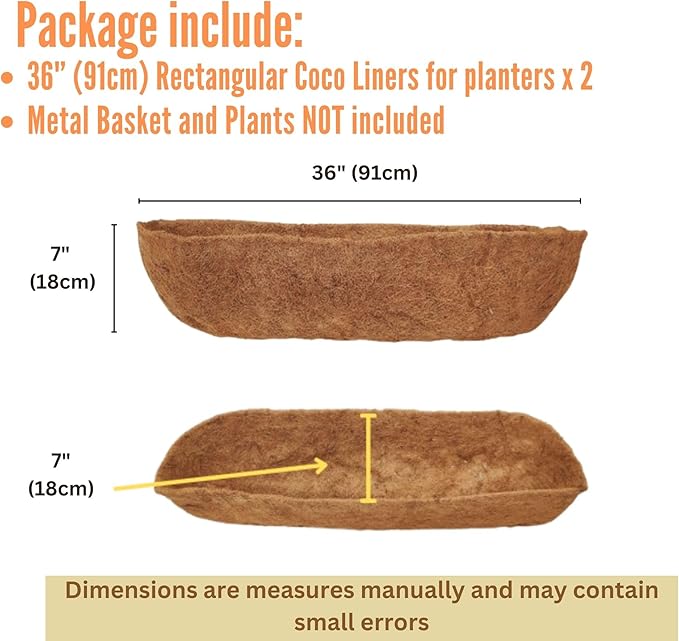 Maxona 36 inch 2 Pack Trough Rectangular Coco Liner for Window Box Planter: Thick Coconut Coir to Support The Soil Replacement for Wall Hanging Basket, Rectangle Pre-Formed Fiber Husk, Garden Fence