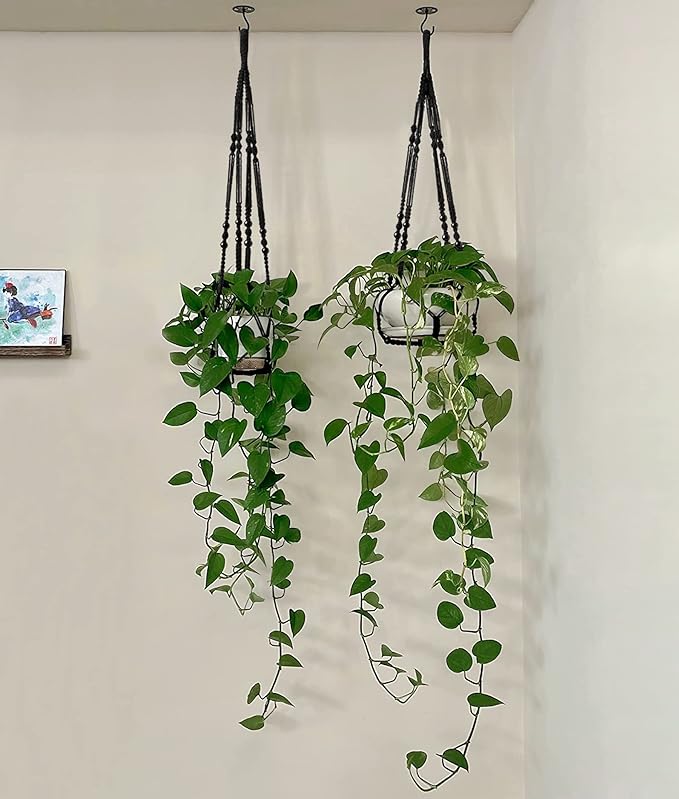 Mkono Macrame Plant Hanger Indoor Hanging Planter Basket with Wood Beads Decorative Flower Pot Holder No Tassels for Indoor Outdoor Boho Home Decor 35 Inch, Black, Set of 2 (POTS NOT Included)