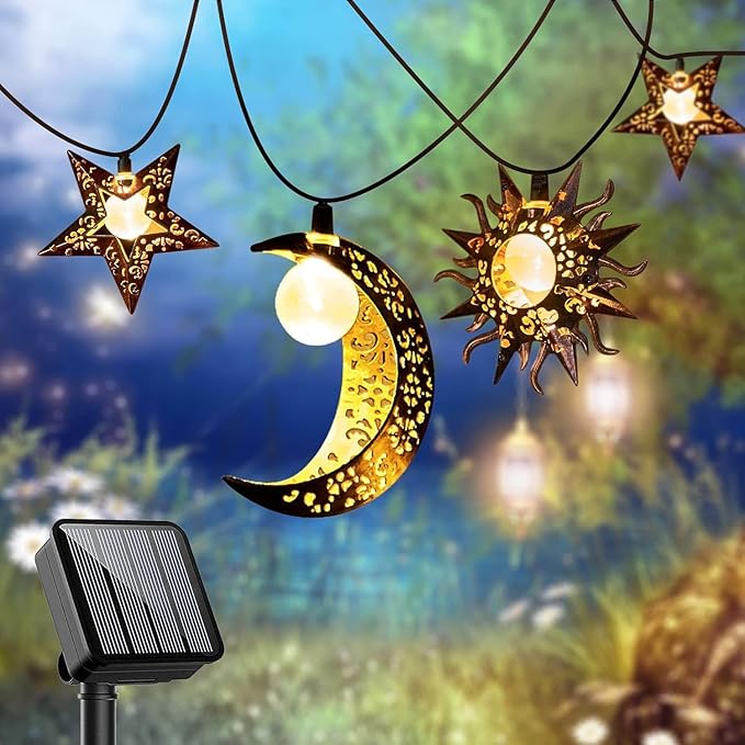 Solar String Lights Outdoor Star Moon Sun 13Ft 153In Led Solar Powered Fairy Decorative Lights for Garden Patio Yard Trees Mothers Day Gifts Wedding Party (Warm White) (Star Moon Sun String Lights)