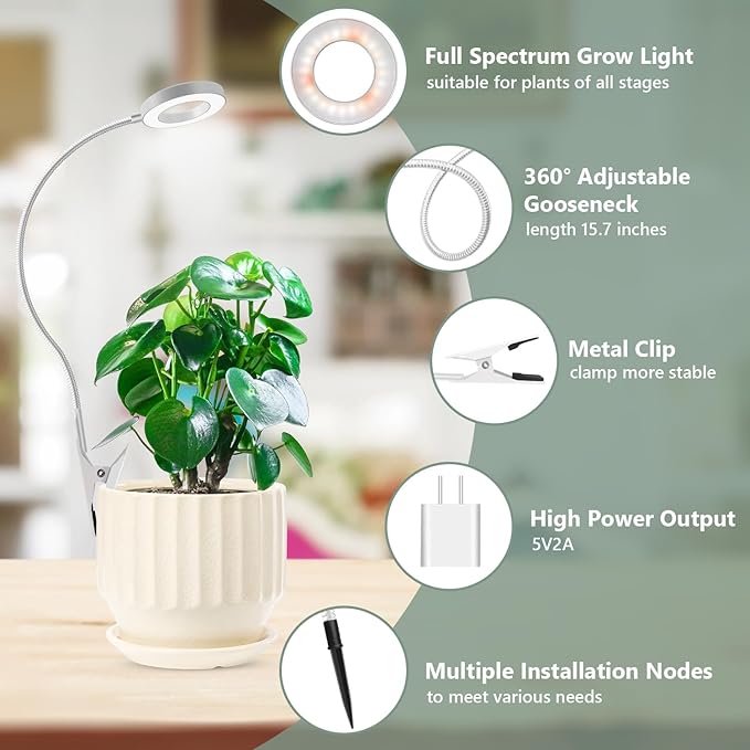 Grow Lights for Indoor Plants, LED Full Spectrum Plant Light for Indoor Plants, Halo Plant Growing Lamp with Clip, 3 Light Modes, 6/12/16H Timer, 5 Level Dimmable Indoor Grow Lights
