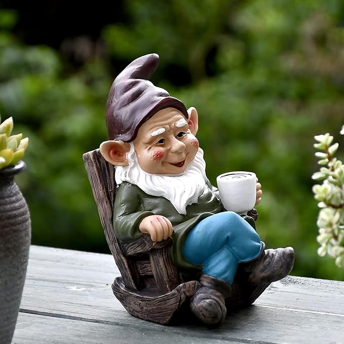 OwMell Drinking Coffee Garden Gnome Statue Decoration 7.3" Figurine Ornament for Indoor Outdoor Home Patio Yard Lawn