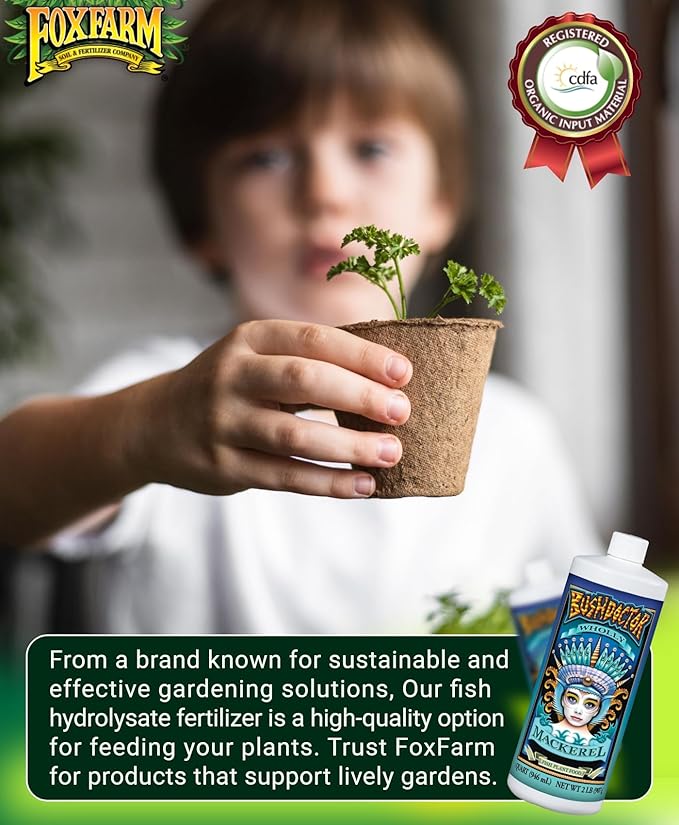 FoxFarm Bush Doctor Wholly Mackerel Fish Fertilizer, Fx14113 - Liquid Plant Nutrient for Seedlings, Transplants, and Vegetative Growth – NPK 3-1-0 (Quart)