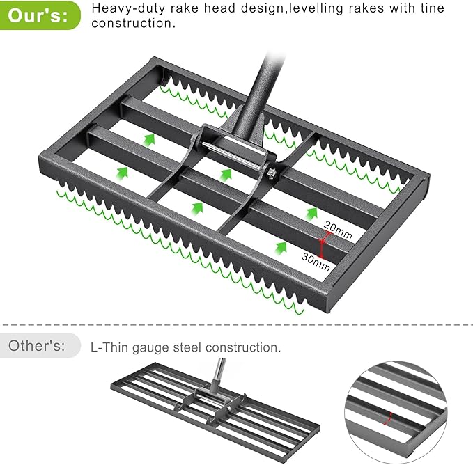 Lawn Leveling Rake with Rounded Edges, 17x10'' Leveling Rake with Tines to Level The Lawn, Heavy Duty Lawn Leveling Tool with 77'' Adjustable Handle to Make The Lawn Leveling Job Much Easier