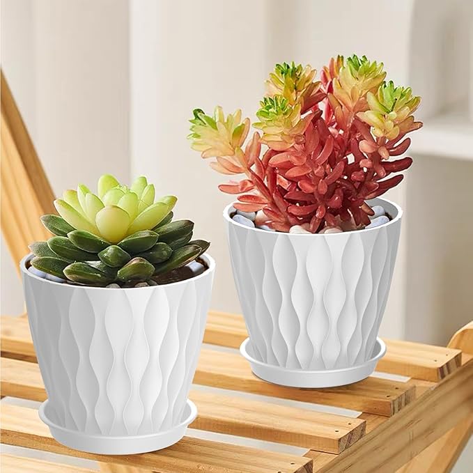 12 Pack 4 Inch Small Plant Pots with Saucers, 3D Textured Plastic Planters with Drainage Holes for Indoor and Outdoor Plants, Flowers, Herbs, Succulents, and Seedlings, White
