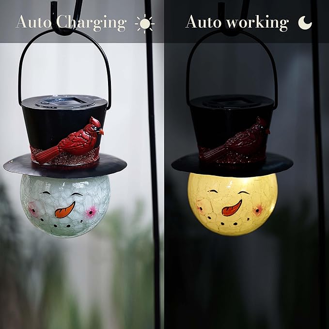 TERESA'S COLLECTIONS Outdoor Christmas Decorations for House, 36'' Snowman Glass Solar Lantern Stake with Black Cardinal Hat, Xmas Solar Christmas Lights for Garden Party Decor