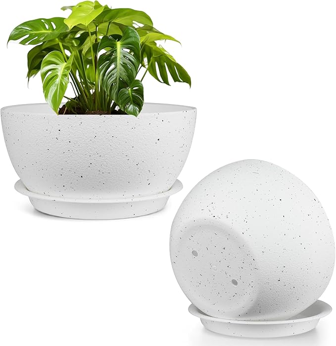 13 inch Plant Pots Pack of 2, Plastic Planter with Drainage Holes and Saucers, Plant pots for Indoor Outdoor Use, Flower Pots for All House Plants (Speckled White)