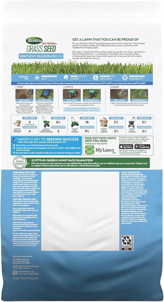 Scotts Turf Builder Grass Seed Kentucky Bluegrass Mix with Fertilizer and Soil Improver, Grows Dense, Green Turf, 5.6 lbs.