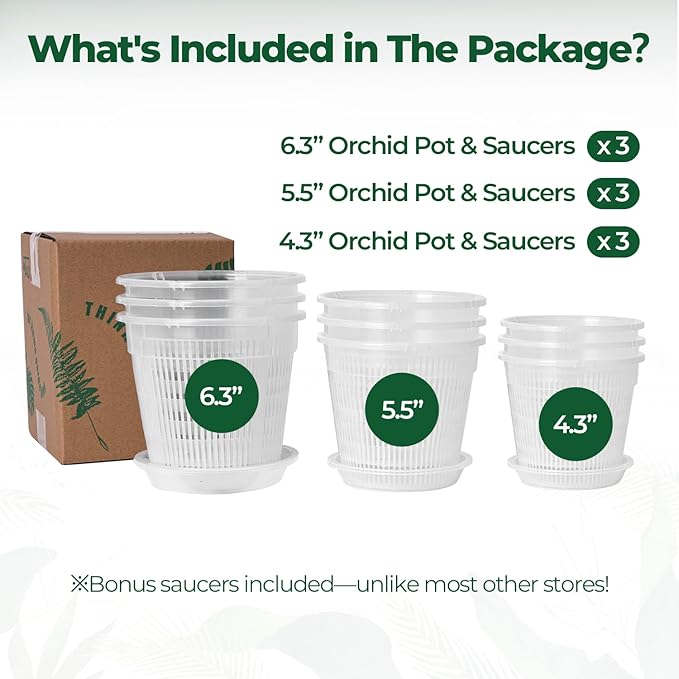 T4U Orchid Pot, 9 Pack Orchid Pots with Holes and Saucers for Repotting, 3 Each of 4.3, 5.5 and 6.3 Inch, Clear Plastic Flower Plant Pot for Indoor Outdoor Plants, Orchids Planter for Root Health