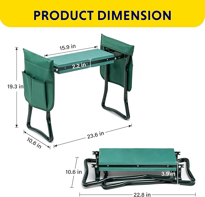 iPower Garden Kneeler and Seat Foldable Kneeling Bench with Sturdy Soft EVA Foam Pad for Outdoor, Fishing, Camping, 2 Tool Pouches Included, Green