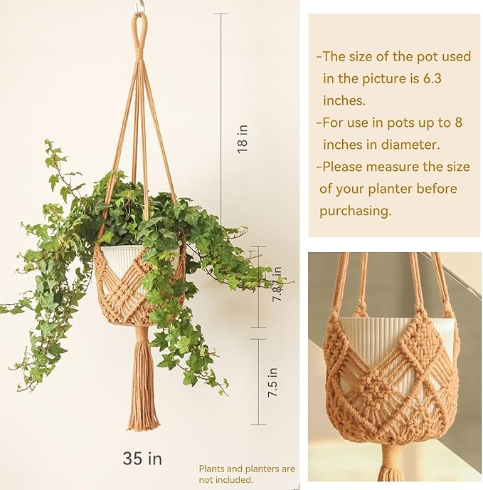 Hanging Planter with Patterns,2Packs Macrame Plant Hangers Indoor Macrame for up to 8 inch Pot Crochet Boho Plant Hanger Holder for Indoor Outdoor with 2S Shaped Stainless Steel Hooks (Caramel)