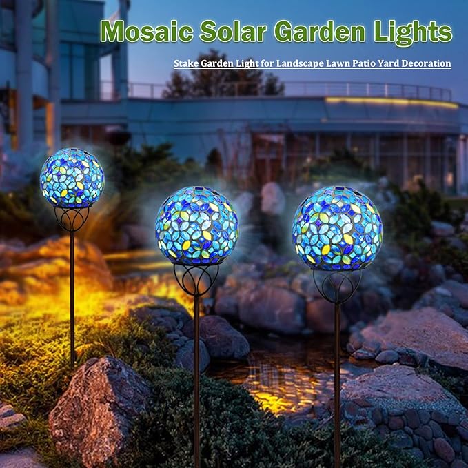 VCUTEKA Solar Outdoor Lights Garden Decor Mosaic Solar Garden Lights Waterproof Glass Ball LED Pathway Stake Light for Landscape Lawn Patio Yard Decoration 6 inch, Blue