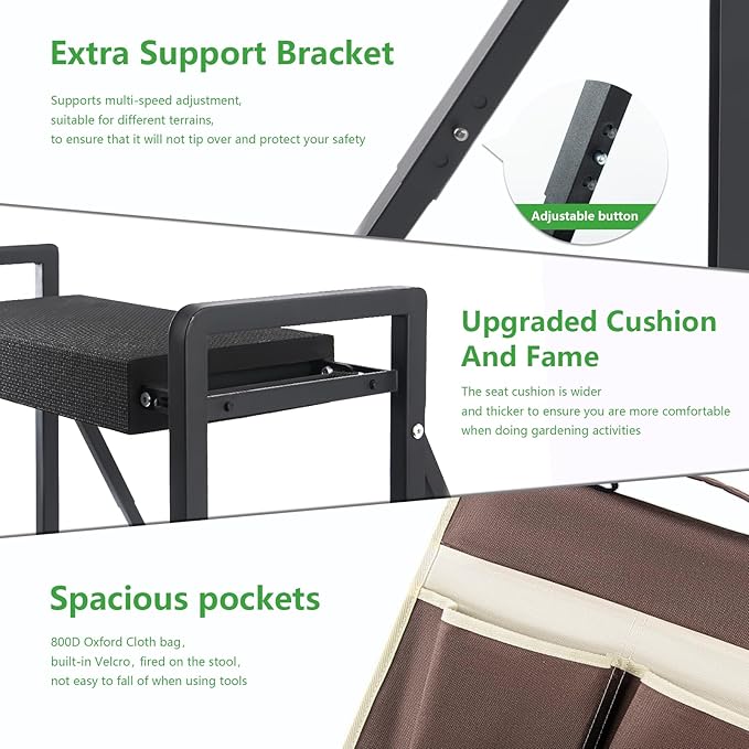 Garden Kneeler and Seat Heavy Duty,Foldable Gardening Stool with Anti-Tipping，10" Thicken & Widen Soft Kneeling Pad,Great Gardening Gifts for Women and Men, Bench Comes with Tool Pouch,Black