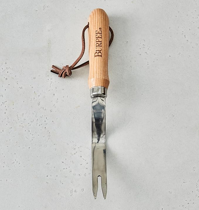 Burpee 12" Stainless Steel Weeder | Durable Long Lasting Garden Tool | Leather Wrist Strap 5" Handle, Oak