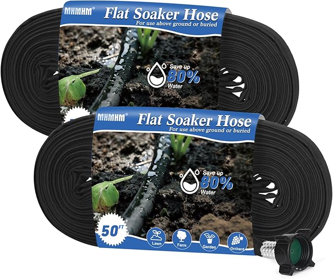 Flat Soaker Hose 50FT*2 Heavy Duty Double Layer Design Save 80% Water for Garden Lawn and Flower Bed Drip Irrigation (100FT)