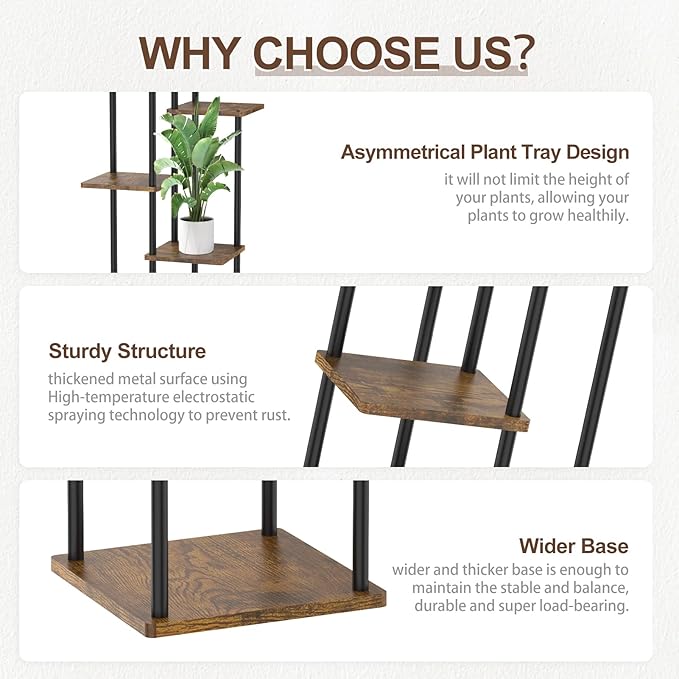 6 Tier Plant Stand Indoor Outdoor, Tall Corner Wood Metal Plant Shelf Holder Clearance, Large Multiple Flower Pot Rack for Patio Orchid Office Porch Living Room Bedroom Garden Balcony, Black